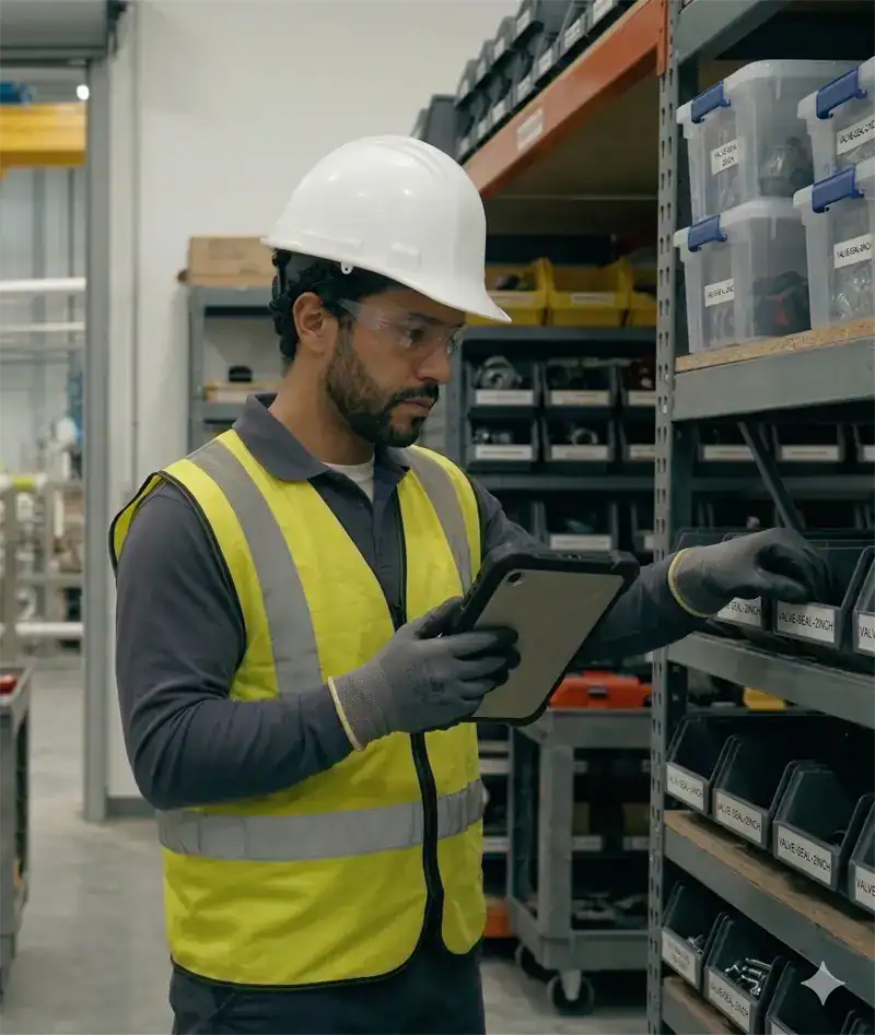 Maintenance technician checking spare parts inventory on tablet in eWorkOrders CMMS storeroom for preventive maintenance job